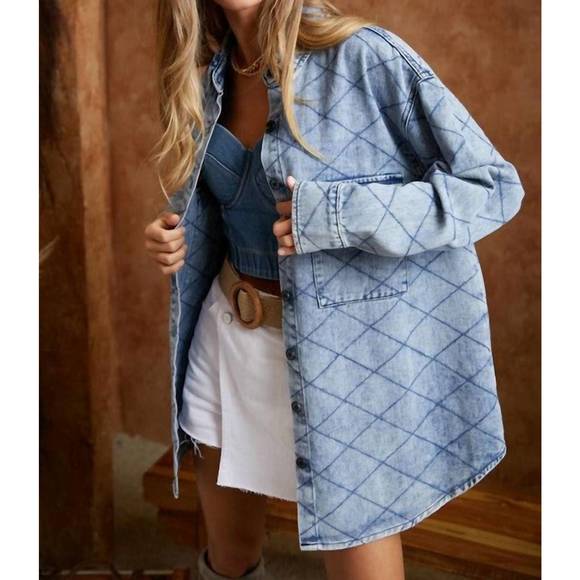 Davi & Dani Curved Hem Diamond Quilted Button Up Denim Shacket